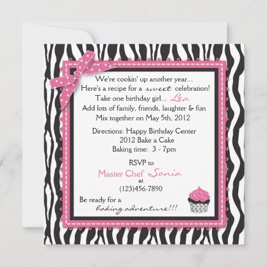 Invitation Chic Zebra Print & Cupcake Anniversaire (Dos)