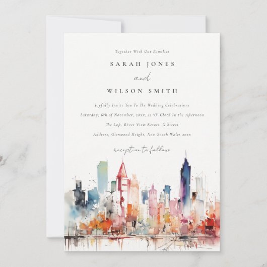 Invitation Chicago Illinois Watercolor Landscape Wedding (Devant)