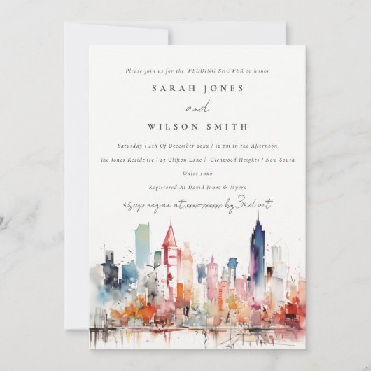Invitation Chicago Illinois Watercolor Scape Wedding Shower (Devant)