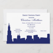 Invitation Chicago Navy Skyline Silhouette Sweet 16 Party (Devant)