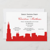 Invitation Chicago Red Skyline Silhouette Sweet 16 Party (Devant)