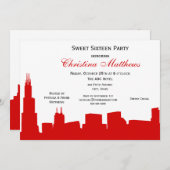 Invitation Chicago Red Skyline Silhouette Sweet 16 Party (Devant / Derrière)