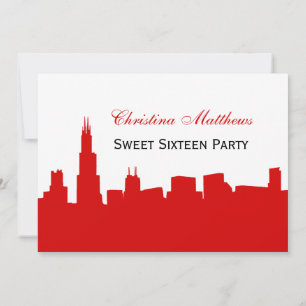 Invitation Chicago Red Skyline Silhouette Sweet 16 Party