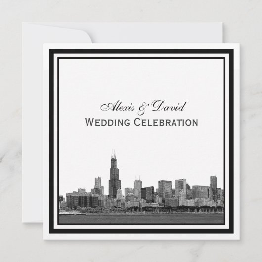 Invitation Chicago Skyline #2 Gravé Cadre Mariage (Devant)