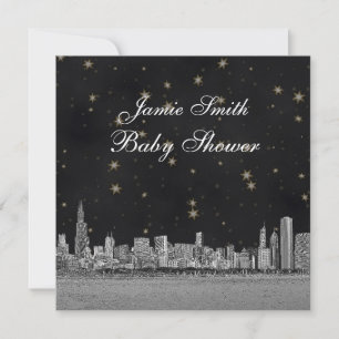 Invitation Chicago Skyline Black Gold Star Baby shower