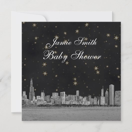Invitation Chicago Skyline Black Gold Star Baby shower (Devant)