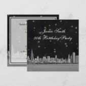 Invitation Chicago Skyline Black Gold Star fête d'anniversair (Devant / Derrière)