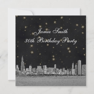 Invitation Chicago Skyline Black Gold Star fête d'anniversair