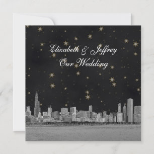 Invitation Chicago Skyline Black Gold Star SQ Mariage