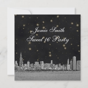 Invitation Chicago Skyline Black Gold Star Sweet 16
