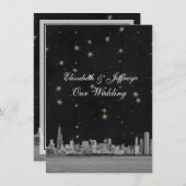 Invitation Chicago Skyline Black Gold Star V Mariage (Devant / Derrière)