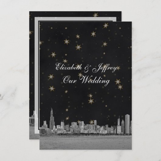 Invitation Chicago Skyline Black Gold Star V Mariage (Devant / Derrière)