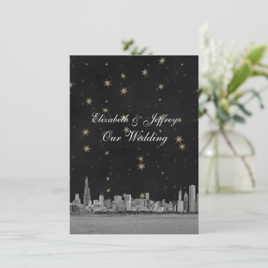 Invitation Chicago Skyline Black Gold Star V Mariage (Debout devant)