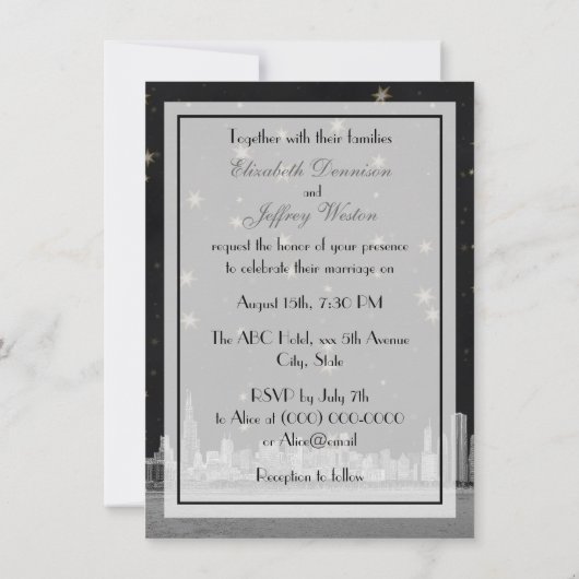 Invitation Chicago Skyline Black Gold Star V Mariage (Dos)
