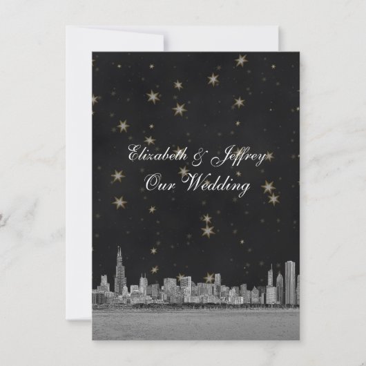 Invitation Chicago Skyline Black Gold Star V Mariage (Devant)