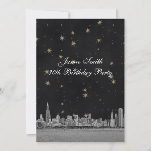 Invitation Chicago Skyline Blk Gold Star fête d'anniversaire (Devant)