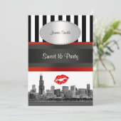 Invitation Chicago Skyline BW Blk Wht Strp Red Kiss Sweet 16 (Debout devant)