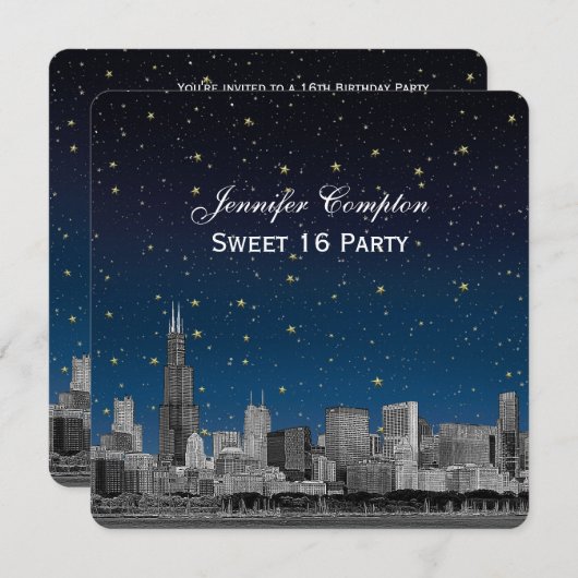Invitation Chicago Skyline Etch Blue Starry SQ Sweet 16 (Devant / Derrière)