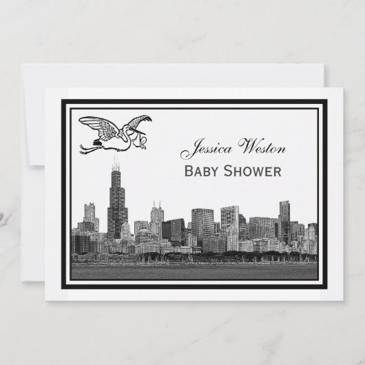 Invitation Chicago Skyline Etch encadré #2H Baby shower Stork (Devant)