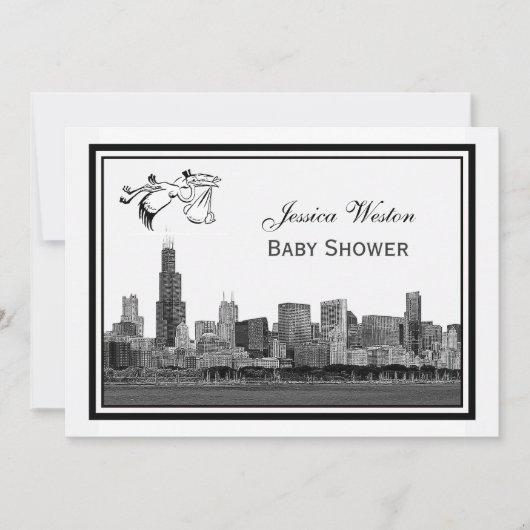 Invitation Chicago Skyline Etch encadré #2H Baby shower Stork (Devant)