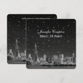 Invitation Chicago Skyline Etch Gray Starry SQ Sweet 16 (Devant / Derrière)