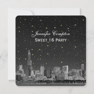 Invitation Chicago Skyline Etch Gray Starry SQ Sweet 16