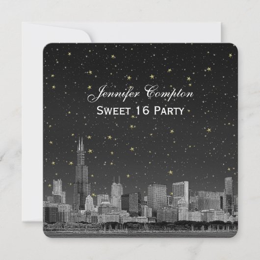 Invitation Chicago Skyline Etch Gray Starry SQ Sweet 16 (Devant)
