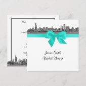 Invitation Chicago Skyline Etched BW Aqua SQ Fête des mariées (Devant / Derrière)