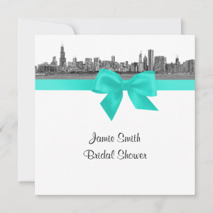 Invitation Chicago Skyline Etched BW Aqua SQ Fête des mariées