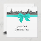 Invitation Chicago Skyline Etched BW Aqua SQ Graduation Party (Devant / Derrière)