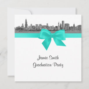 Invitation Chicago Skyline Etched BW Aqua SQ Graduation Party