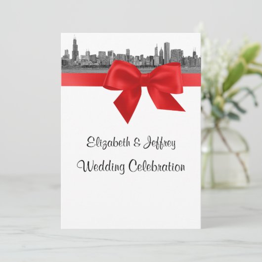 Invitation Chicago Skyline Etched BW Mariage rouge (Debout devant)