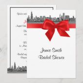 Invitation Chicago Skyline Etched BW Red Fête des mariées (Devant / Derrière)