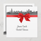 Invitation Chicago Skyline Etched BW Red SQ Fête des mariées (Devant / Derrière)