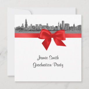 Invitation Chicago Skyline Etched BW Red SQ Graduation Party