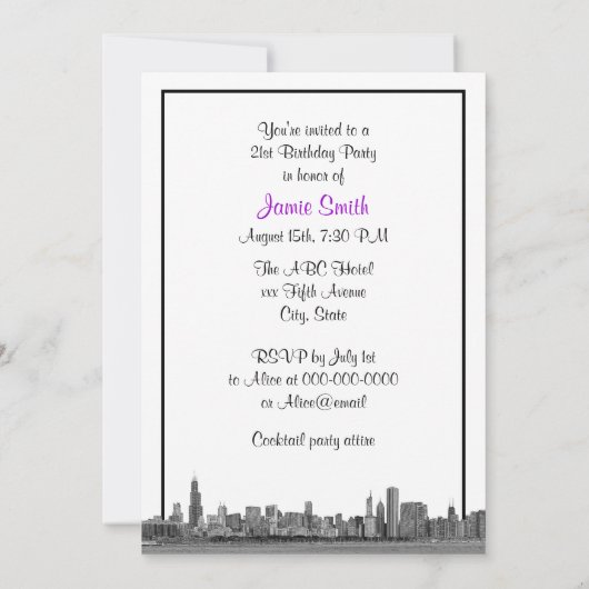 Invitation Chicago Skyline Etched BW Violet Anniversaire (Dos)