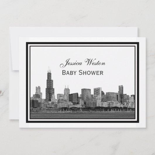 Invitation Chicago Skyline Etched Cadre #2 H Baby shower (Devant)