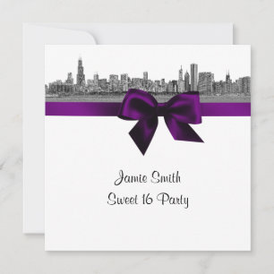 Invitation Chicago Skyline Etted BW Purple Sweet sixteen SQ