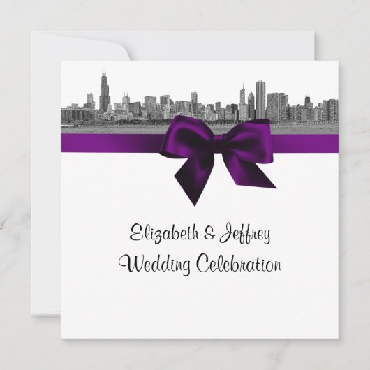 Invitation Chicago Skyline Etted BW SQ Purple Mariage (Devant)