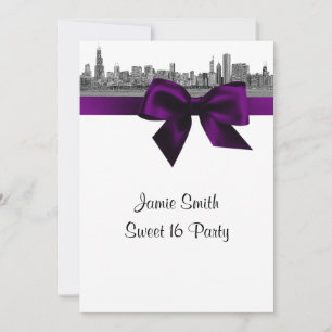 Invitation Chicago Skyline Gravé BW Purple Sweet 16