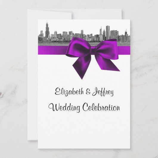 Invitation Chicago Skyline Gravé BW Violet Mariage (Devant)
