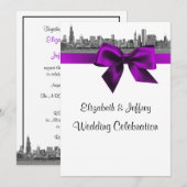 Invitation Chicago Skyline Gravé BW Violet Mariage (Devant / Derrière)