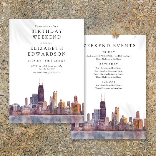 Invitation Chicago Skyline Watercolor Birthday Weekend