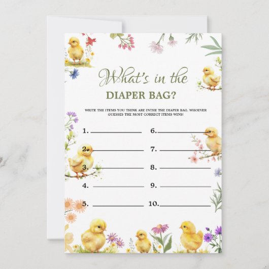 Invitation Chick Farm quoi dans le sac jeu de Baby shower car (Devant)