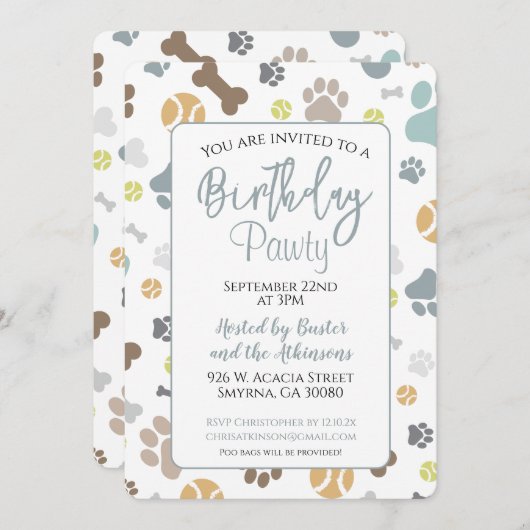 Invitation Chien Anniversaire Pawty Blue Party (Devant / Derrière)