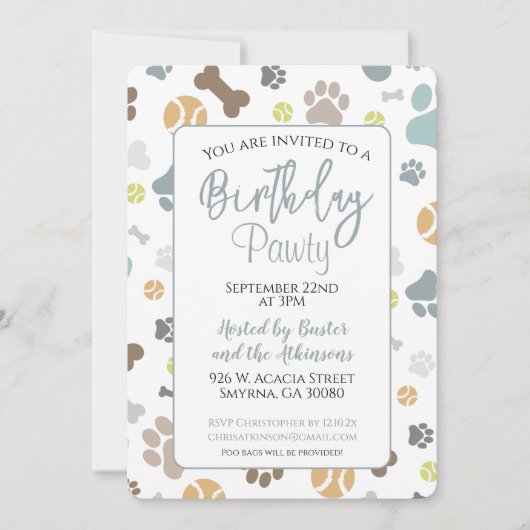 Invitation Chien Anniversaire Pawty Blue Party (Devant)
