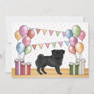 Invitation Chien Caricature Carlin Noir Anniversaire Pastels
