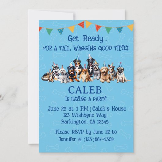 Invitation Chien Chien Chien Bleu Anniversaire Paw ty (Devant)