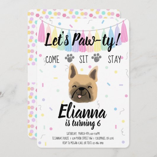 Invitation Chien Chien Chien Français Fille Anniversaire Pawt (Devant / Derrière)
