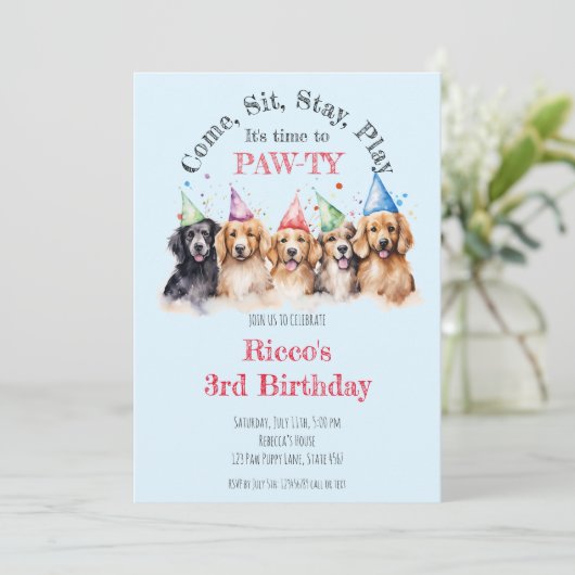 Invitation Chien chiot animal Pawty (Debout devant)